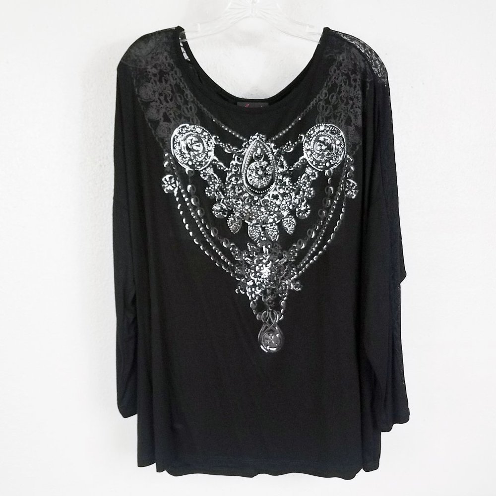 French LaRue Women's 3X Black Lace Sequined Shirt Top Blouse